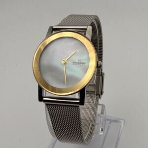Vintage Skagen 396GSW Gold-Tone MOP Dial Mesh Watch Working New Battery
